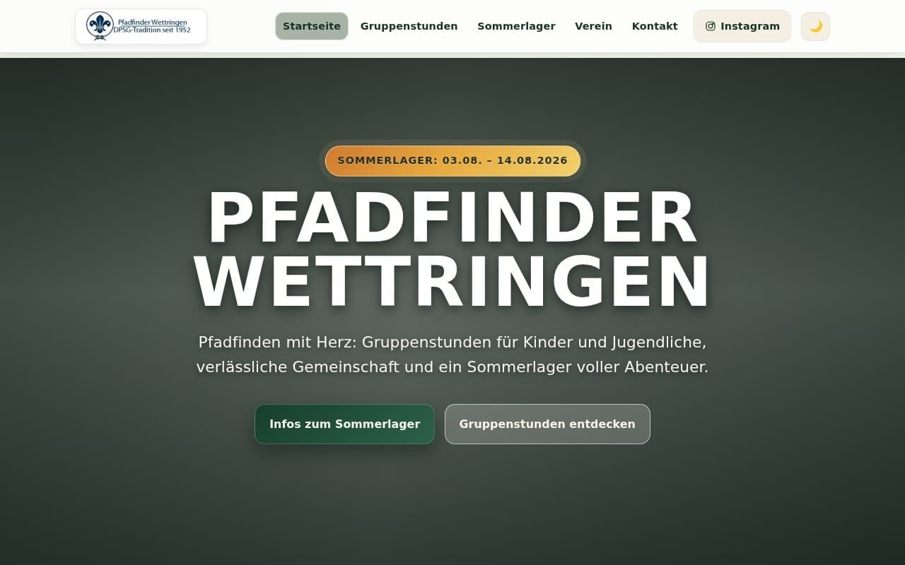 Startseite der Pfadfinder Wettringen mit Vereinslogo und News.